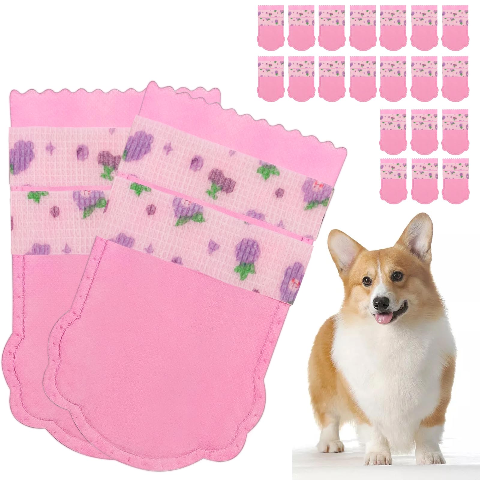 20PCS Dog Shoes,Double Layer Breathable Dog Shoes,Dog Booties to Prevent Licking,Disposable Dog Booties for Hot Pavement with Adjustable Double Bandages.Pink (Purple Grape Bandage(L))