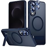 LEKEVO for Samsung Galaxy S25 Edge Case with Stand, Compatible with MagSafe, Camera Lens Protector, Translucent Matte Slim Silicone Shockproof Phone Cover, Blue