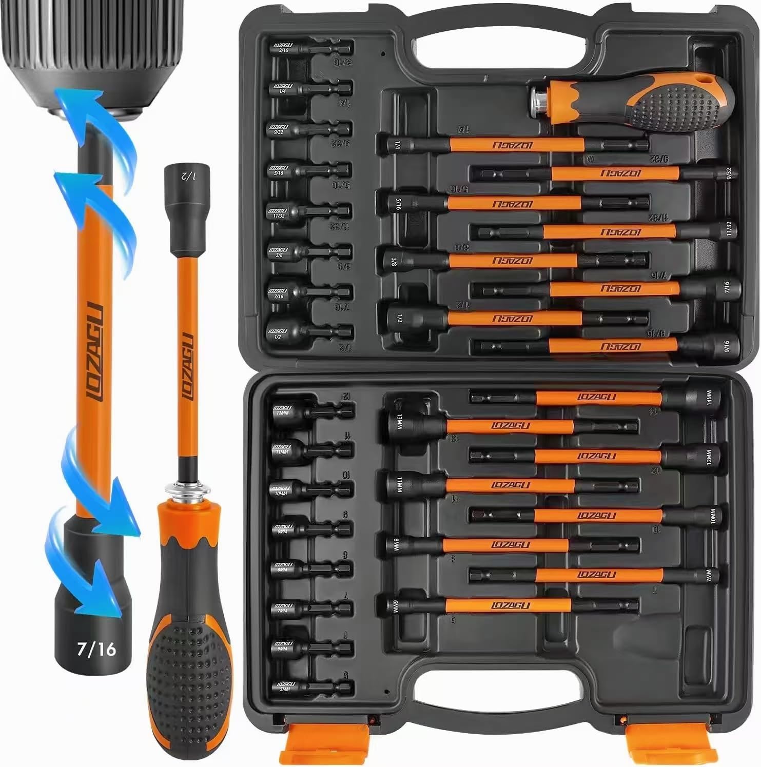 Photo 1 of LOZAGU 33PCS Magnetic Nut Driver Set with Long Handle | 6 Inch Long Nut Driver Set | SAE and Metric | 1/4 Inch Hex Shank | Cr-V Steel