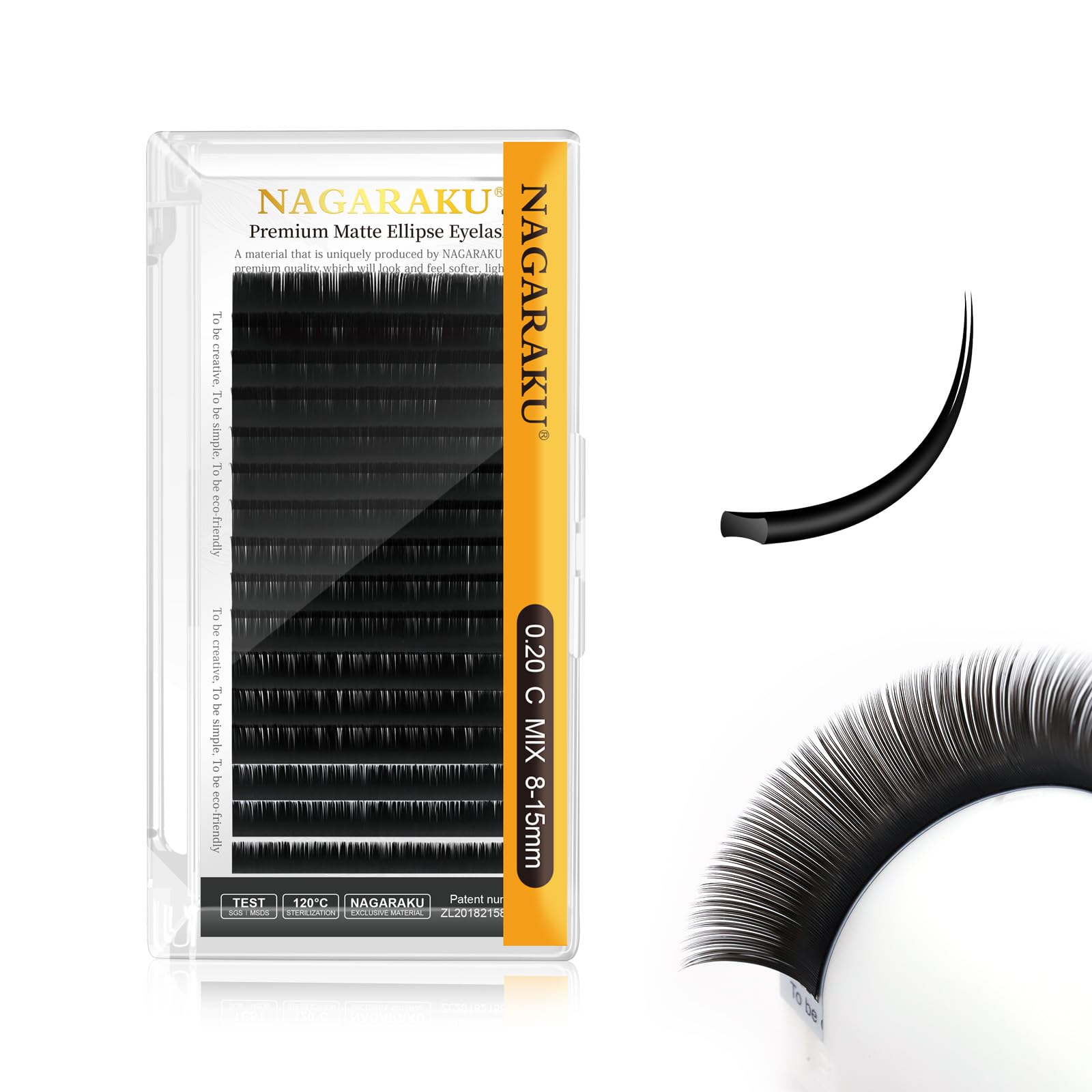NAGARAKU Ellipse Flat Eyelash Extension Professional Double Split Tip Individual False Lashes Supplies Matte Black Eye Lashes Semi-Permanent U-shaped Design 16 Rows(0.20mm C Curl 8-15mm)