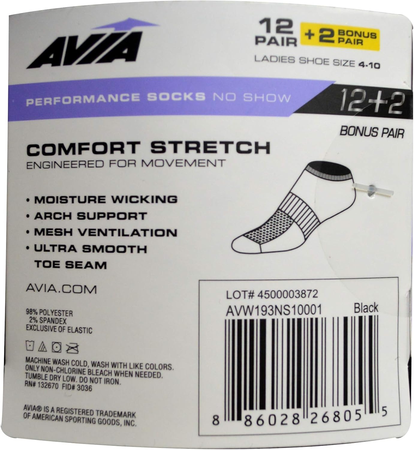 Black, Size 9-11, Fits Shoe Size 4-10 Avia Womens Liner Low Cut Performance Socks 14 Pack