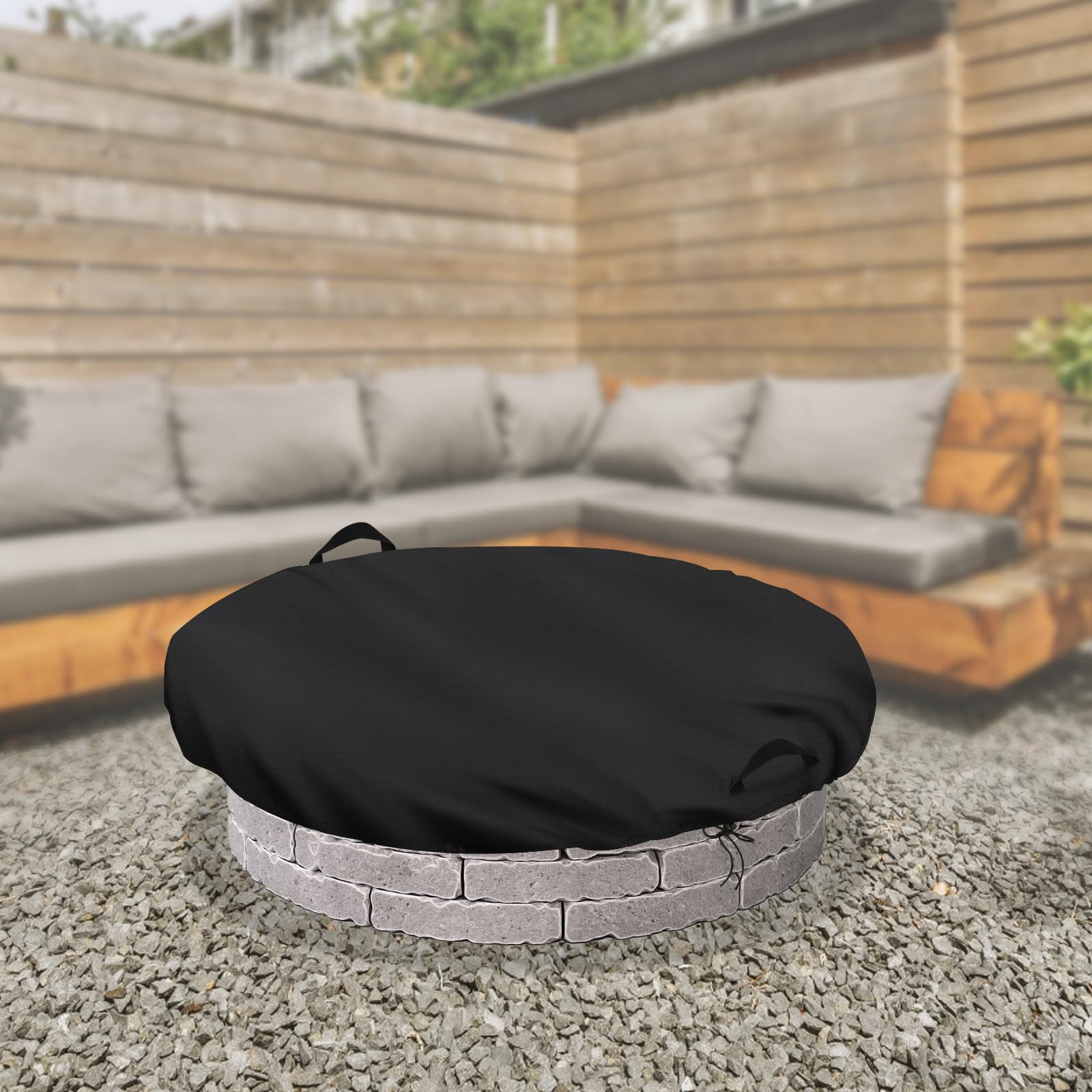 Photo 1 of Andacar Round Fire Pit Cover Waterproof for Outdoor Build In Fire Pits Cover for In Ground Firepits 52-56 Inch Large Round Built In Stone Fire Pits Cover