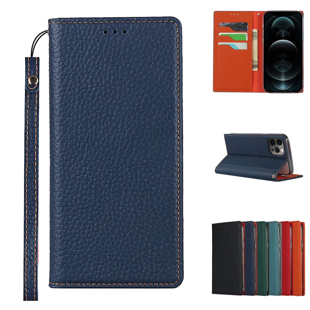 Copmob Case Compatible for iPhone 12 Pro Max With Card Holder With Strap,Genuine Leather Flip Wallet Case,[3 Slots][Magnetic Closure][RFID-Blocking],Phone Case Cover for iPhone 12 Pro Max - Dark Blue