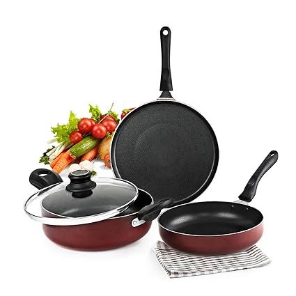 Cello Prima Induction Base Non-Stick Aluminium Cookware Set, 3-Pieces, Cherry