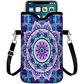 IRADA Neoprene Cell Phone Sleeve Pouch Case Bag with Crossbody Strap Neck Lanyard for Women Men 7.6 X 4.3 Inches-Purple Mandala Flower Shockproof Universal Phone Bag