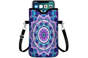 IRADA Neoprene Cell Phone Sleeve Pouch Case Bag with Crossbody Strap Neck Lanyard for Women Men 7.6 X 4.3 Inches-Purple Mandala Flower Shockproof Universal Phone Bag