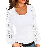 Basicspace Womens Fashion Lace Balloon Tops Knit Ribbed Stretch Slim Fitted Shirts Round Neck Blouse for Women