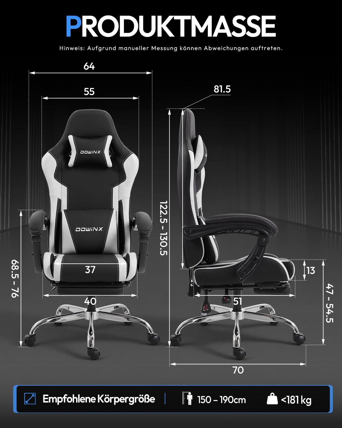Dowinx Gaming Stuhl Bürostuhl Massage Gaming Sessel mit höhenverstellbaren Linkage-Armlehnen, ergonomischer Gamer Stuhl mit Fußstütze, gepolstert Gaming Chair 150° neigbar bis 180 kg, Weiß 3