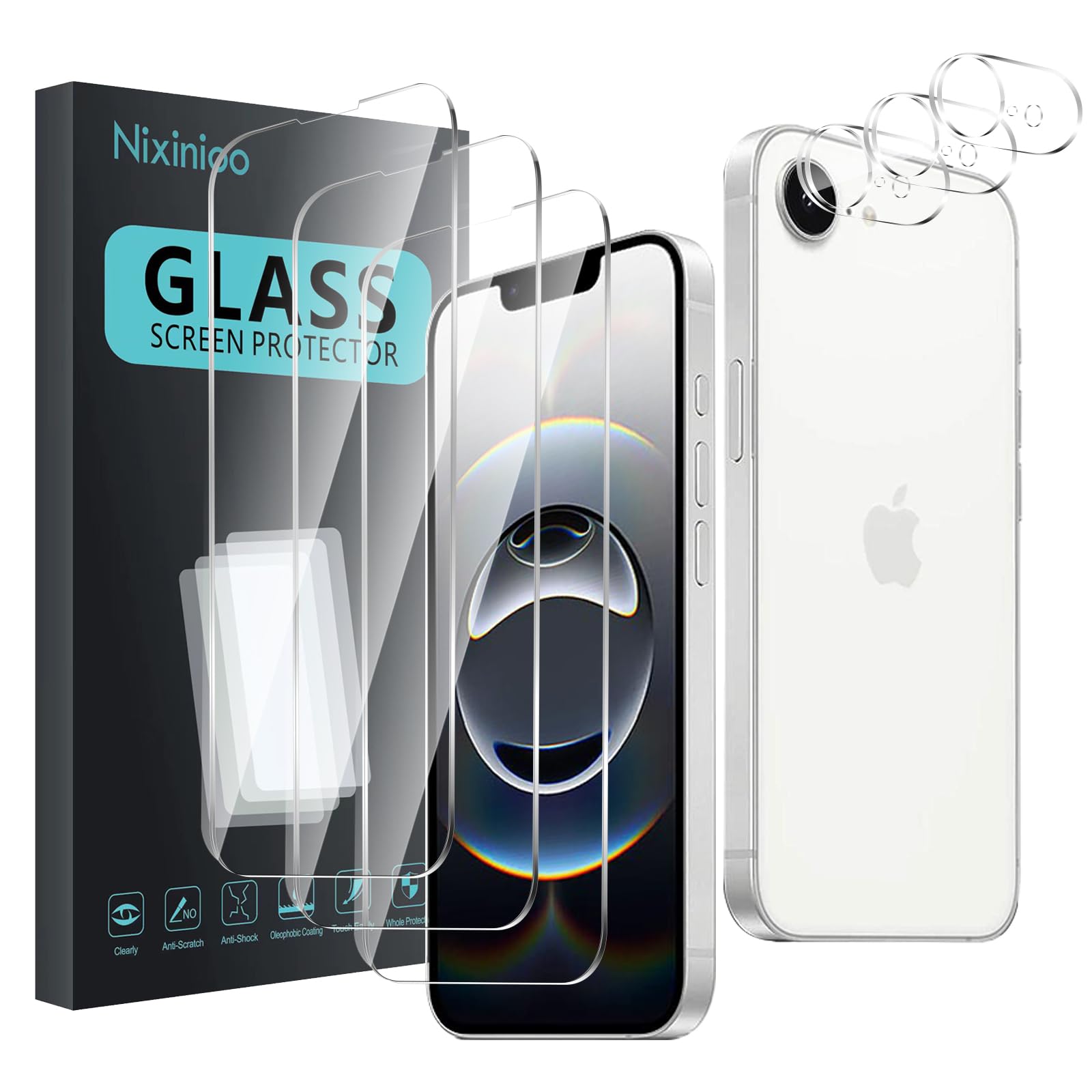 Photo 1 of Nixinioo 3 Pack Tempered Glass Screen Protector for iPhone 16e 2025 [6.1 inch] + 3 Pack Camera Lens Protecto, Anti-Fingerprint, 9H Hardness, Scratch Resistant, Easy to Install, Case Friendly