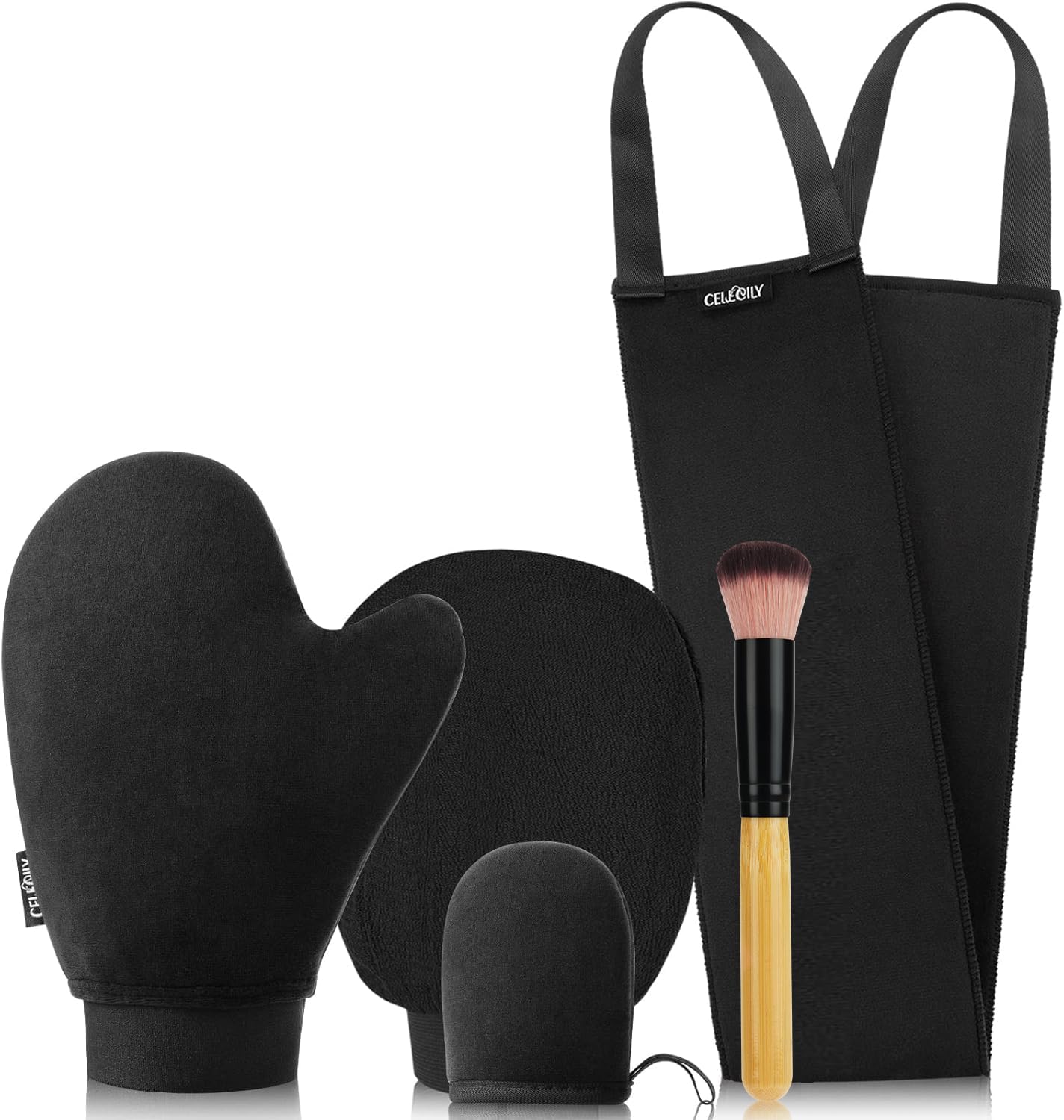 CeleCily Premium Reusable Tanning Mitt - UK Patented Fake Tan Mitt Set with Leakproof-lined Self Tan Mit, Back Tanner Applicator, Face Tanning Gloves, Exfoliate Mit, Tanning Brush