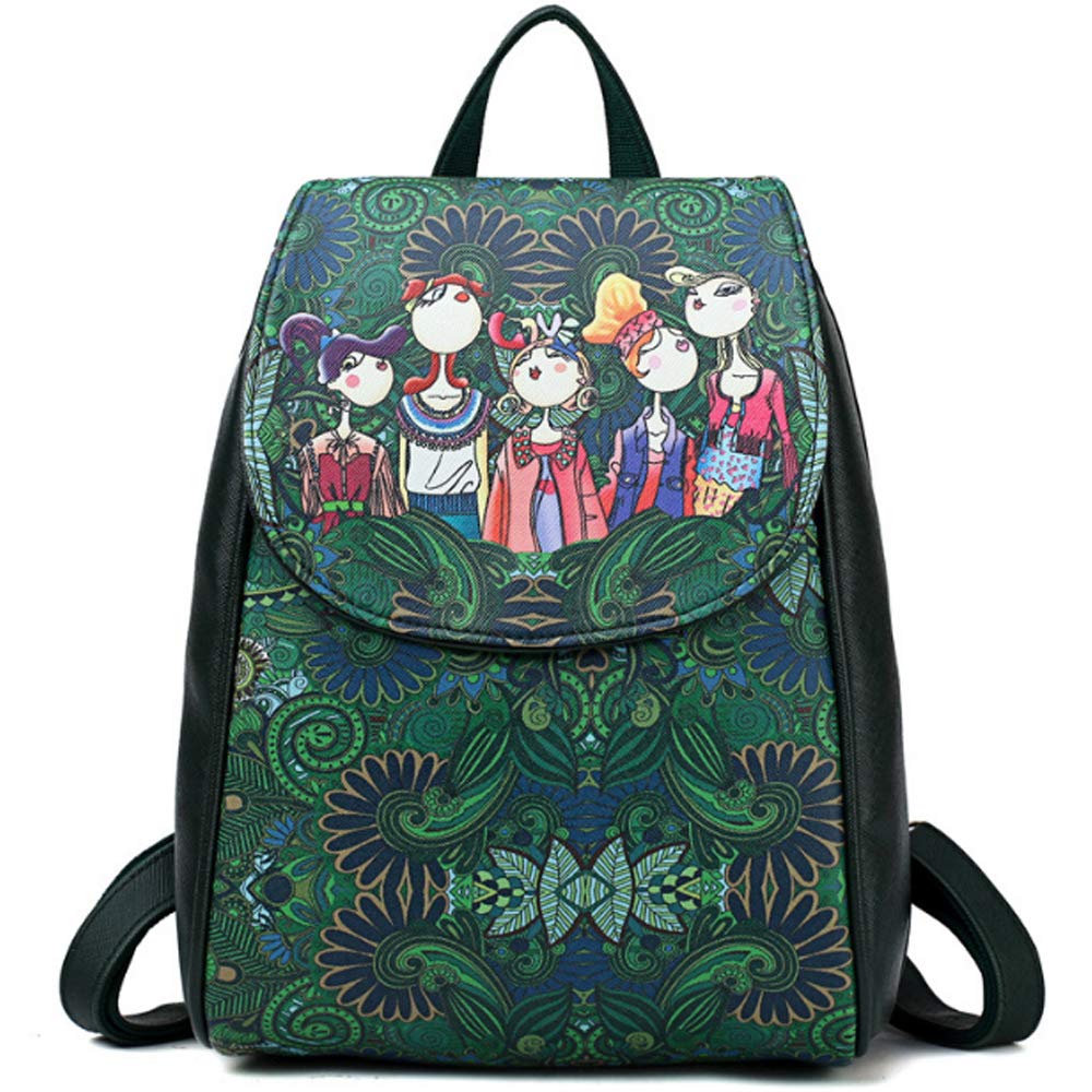 FiveloveTwo Women Girls Fashion Backpack Printed Rucksack PU Leather Daypack Handbag and Purse Travel Shoulder Satchels Top-Handle Bags Dark Green