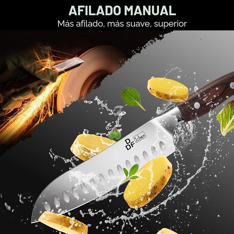Faca Santoku, faca de cozinha profissional de 18 cm, faca de chef afiada em aço inoxidável com cabo ergonómico para casa e restaurante — foto 6 de 7