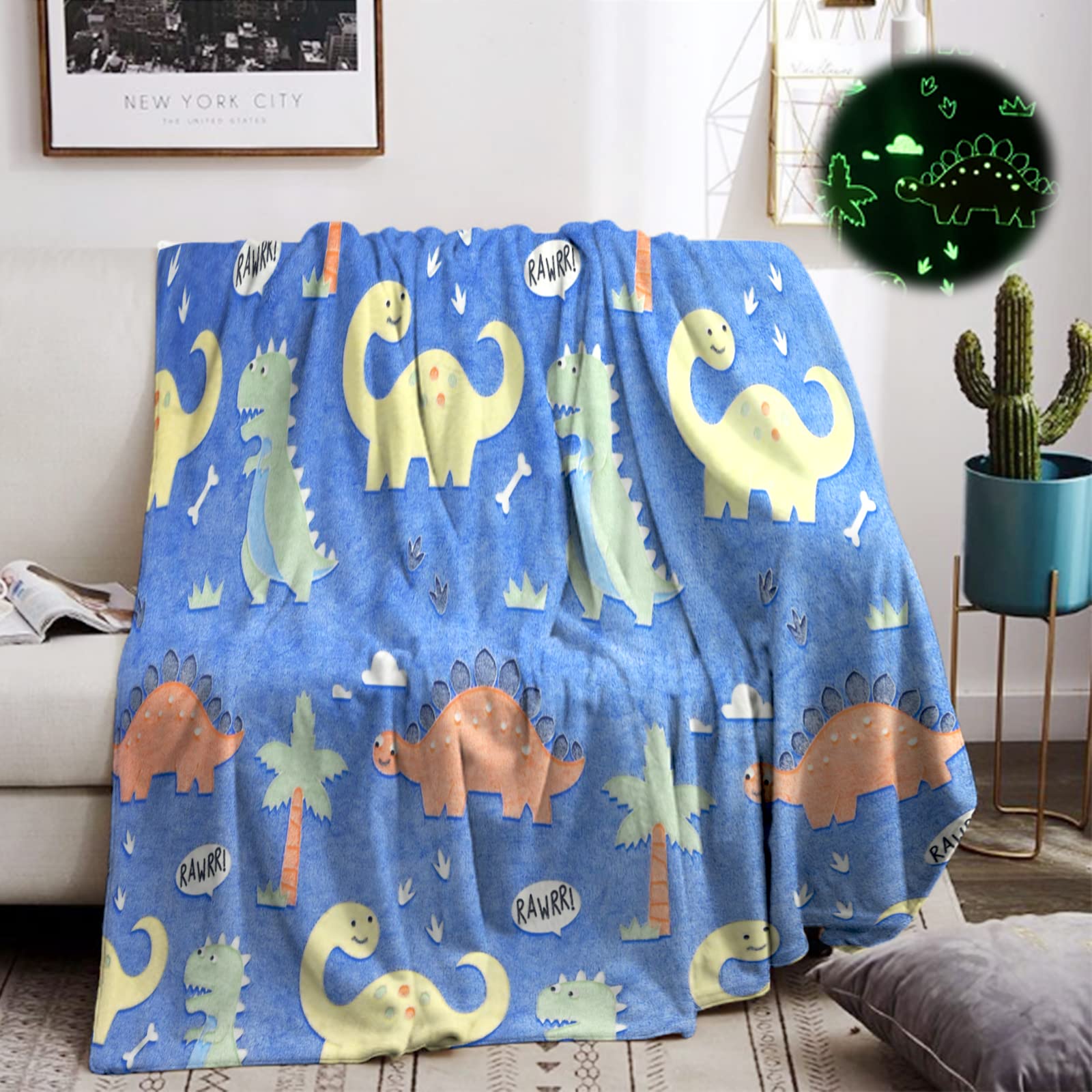 HZVRTN Cuddly Blanket Children's Glow in the Dark, Soft Fluffy Bed Couch Sofa Blanket (Dinosaur, 130 x 150 cm)