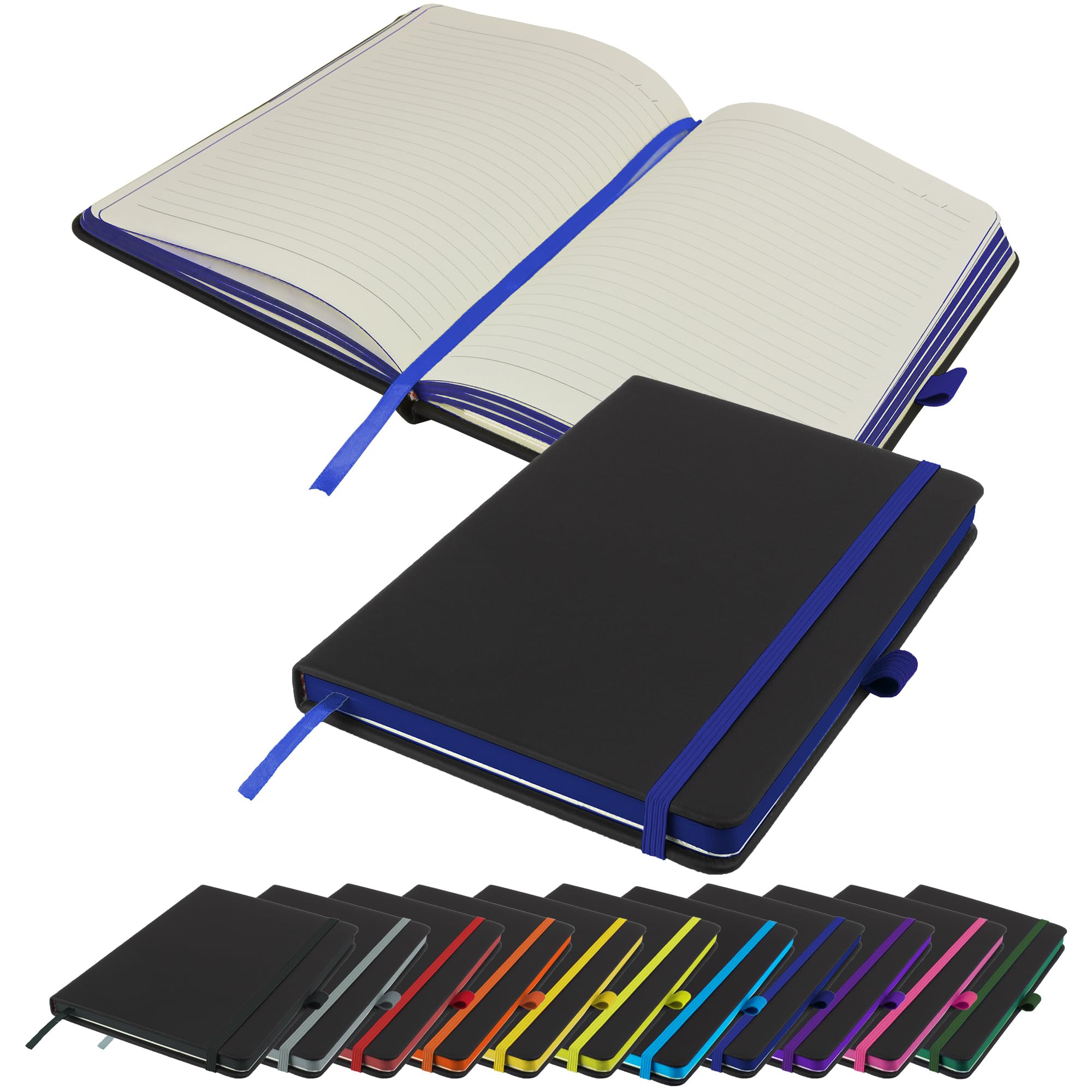 Savvy Bee Executive Contrasting paper edge A5 Notebook New Lined Hardback Journal with pen loop, elastic, ribbon, paper pocket & 196 pages Notepad Note Book Notes Diary Pad (Navy)