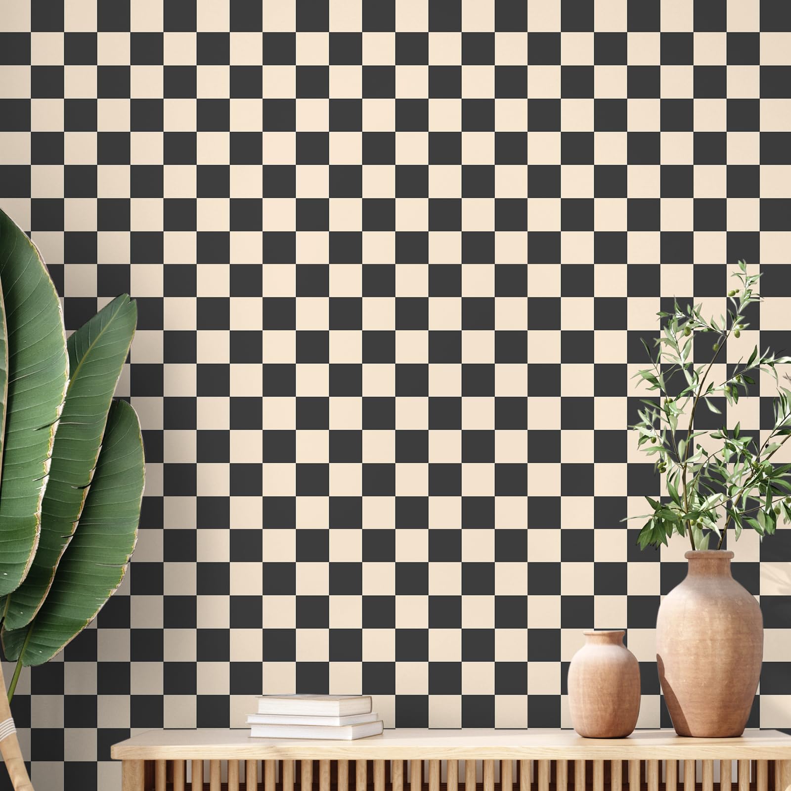 Photo 1 of Drydiet Retro Checkered Peel and Stick Wallpaper 70s Funky Checkered Contact Paper Geometric Waterproof Wallpaper Neutral Checkerboard Decor for Bathroom Cabinet(Black Brown,9.8' X 15.75'')