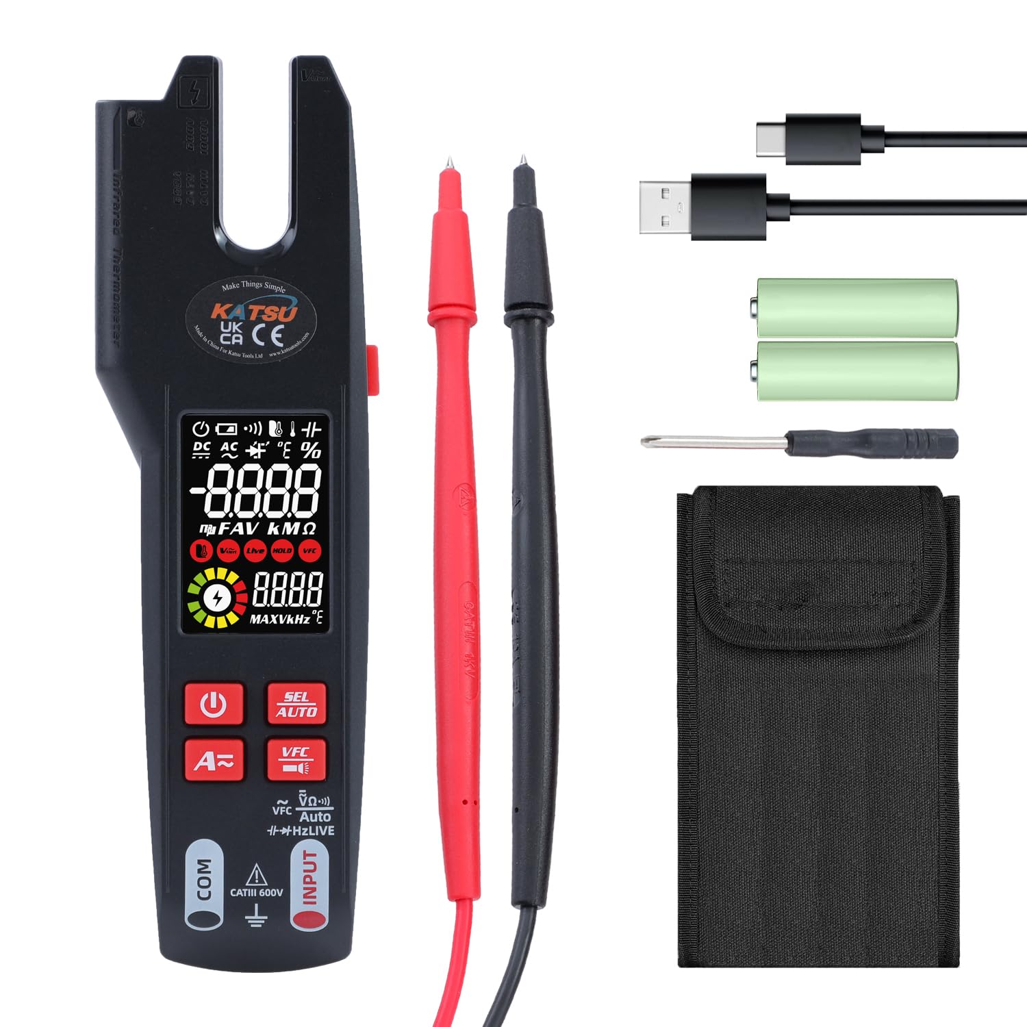 KATSU Digital Multimeter U Shape Clamp Meter 9999 Counts Portable Auto Ranging Infrared Thermometer Voltmeter AC DC Current Voltage VFC Capacitance Frequency Temperature Continuity Diode Tester