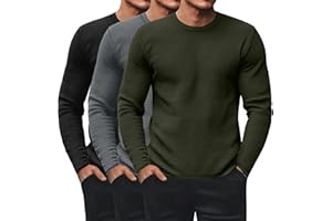 Ficerd 3 Pack Men's Waffle Long Sleeve Shirts, Crew Neck Thermal Underwear Tops Casual Pullover Sweaters Knit Undershirts