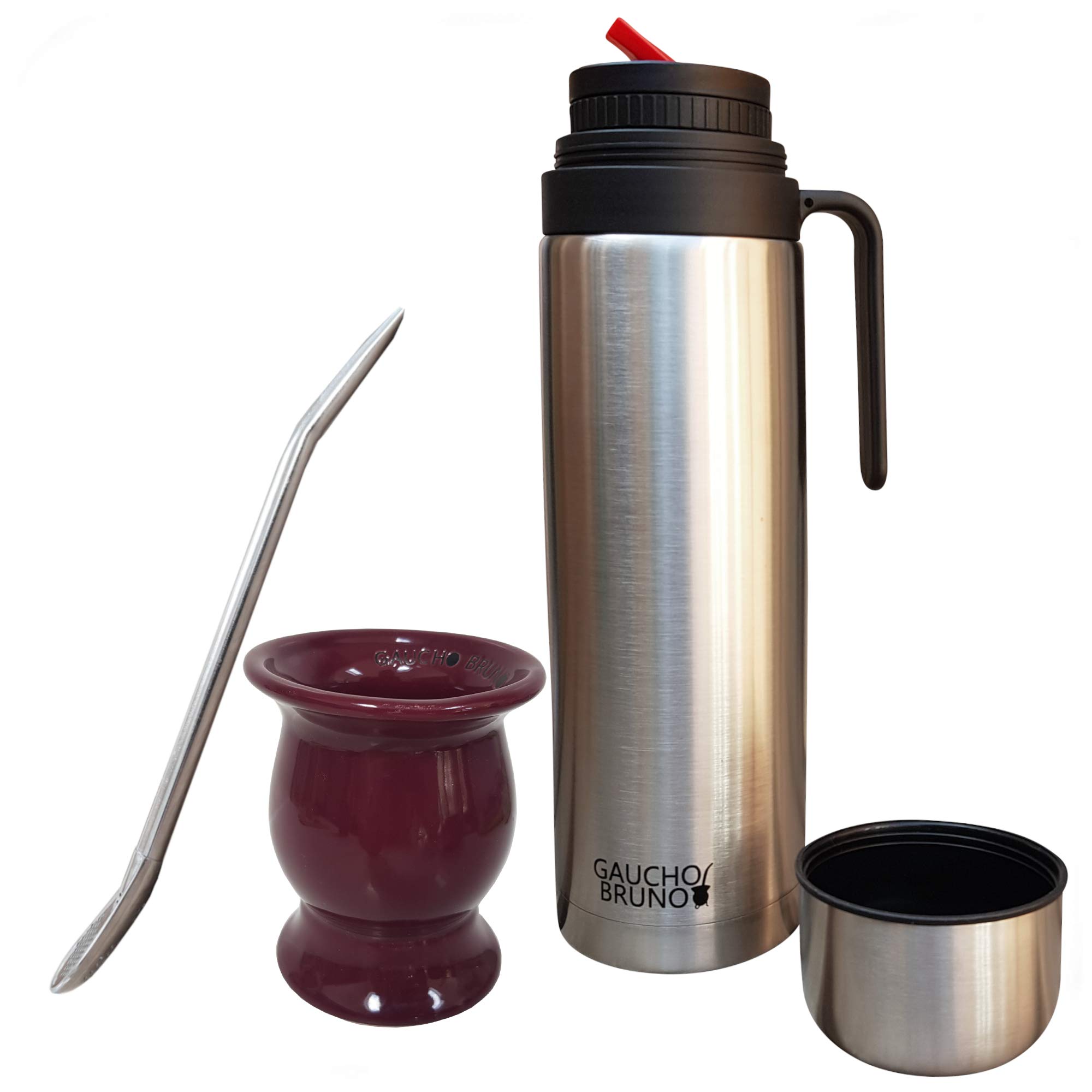 Gaucho Bruno Yerba Mate Cup, Straw, Flask Set - Ceramic Gourd Traditional Shaped Mug, Stainless Steel Bombilla Drinking Straw and 1 Litre Flask with Red Pouring Spout - Reusable Kit