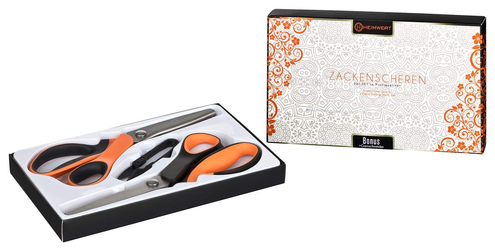HEIMWERT Professional Pinking Shears Set of 2 - Made of high Quality Stainless Steel for Serrated Cut and Wave Cut in a Gift Box with Yarn Cutter as Bonus