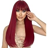 ENTRANCED STYLES Red Wigs for Women Long Straight Red Wig with Bangs Synthetic Burgundy Wig Colored Cosplay Wig for Girls Halloween Daily Party Use 22 Inch