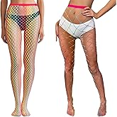QHUAFoRen 2 Pack Rainbow Fishnet Stockings for Women, Colorful High Waist Stretch Fishnet Tights, High Waist Tights Fishnet Stockings, Thigh High Pantyhose, LGBTQ Pride Gifts Accessories