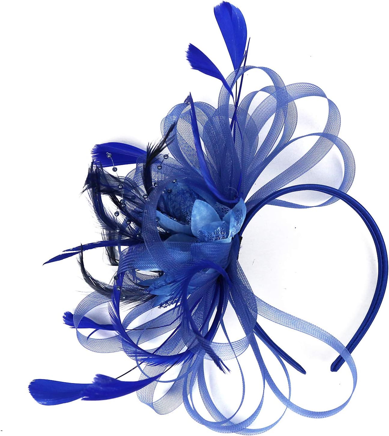 MISOWN Women's Flower Mesh Ribbons Feathers Fascinators Derby Headband and A Clip Wedding Cocktail Tea Party Hat (Blue)