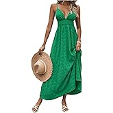 Milumia Women's Summer Smocked Cami Maxi Dress Boho V Neck Spaghetti Strap A Line Flowy Beach Long Sundress