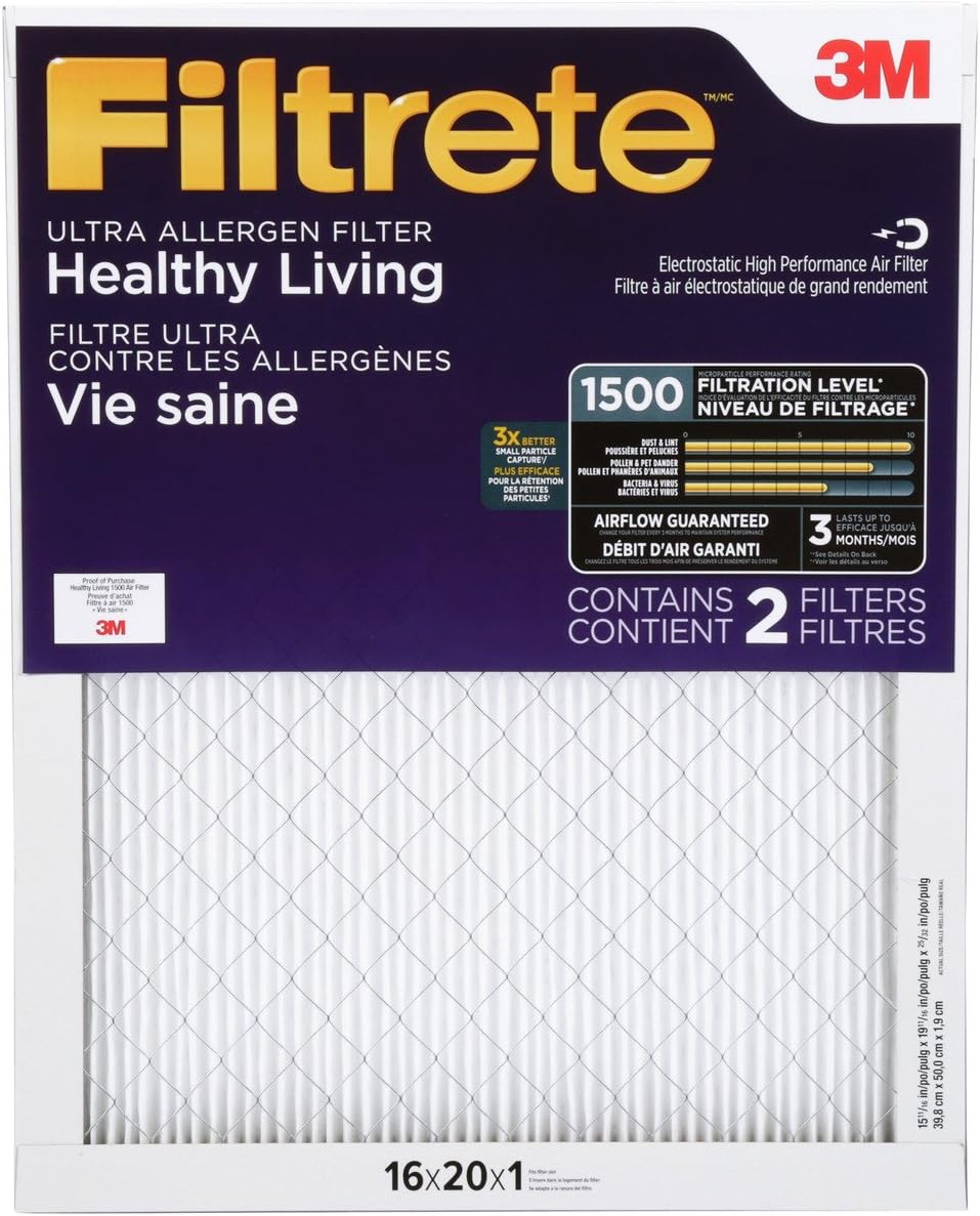 Filtrete 16x20x1 MPR 1500 Pleated AC Furnace Air Filter, Healthy Living