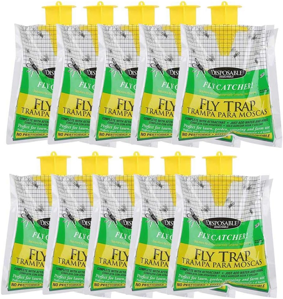 Hamkaw Fly Trap Bag, Non-Toxic Disposable Fly Insect Catcher With Attractant - Hanging Outdoor Pest Control - Each Captures More Than 20000 Flies (10 Pack)