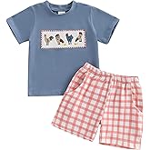 SHUING Toddler Baby Boy Summer Smocked Outfits Short Sleeve Chicken Embroidery T-shirt Plaid Shorts 2Pcs Infant Farm Clothes