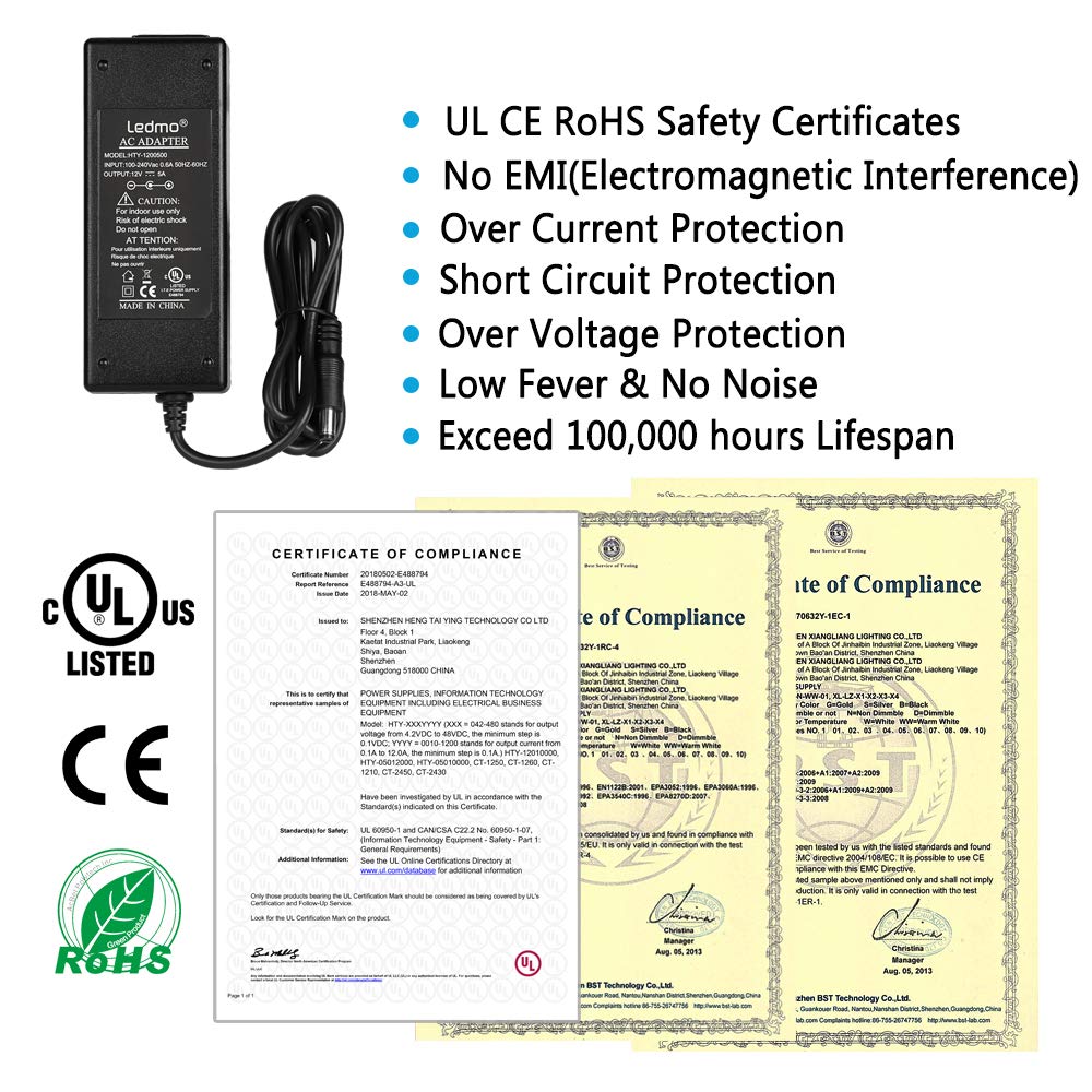 LED Power Supply, LEDMO Power Adapter, AC 100-240V to DC 12V Transformers, Power Supply for LED Strip Light, 60W Max, 5A