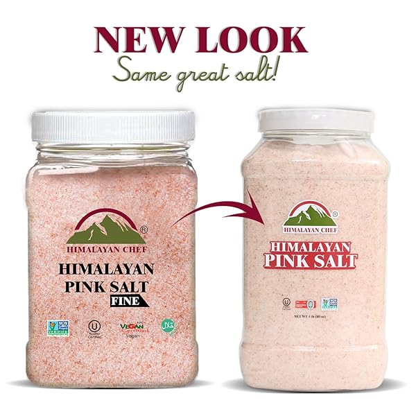 HIMALAYAN CHEF HIMALAYAN PINK SALT – 5 LBS FINE GRAIN PLASTIC JAR – 100% NATURAL AND PURE GOURMET CRYSTAL – CONTAINS 84 ESSENTIAL MINERALS | KOSHER AND VEGAN CERTIFIED