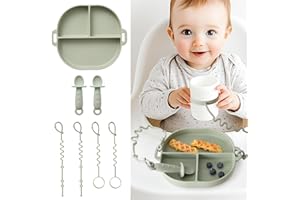 YIVEKO Baby Plates with Suction Silicone Baby Spoons Divided Baby Plates Silicone Baby Safety Toy Straps Baby Bottle Bungees Baby Feeding Set All-in-one-Sage