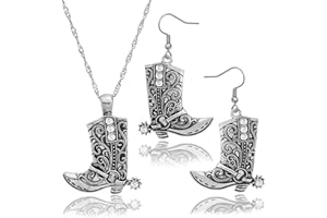 RechicGu Western West Cowgirl Cowboy Texas Boots Earrings Necklace Set, Spur Rodeo Drop Dangle Boots Earrings,Twist Link Chain Necklace with Boot Pendant,Jewelry Set