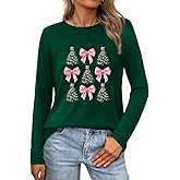 TIEEI Christmas Shirts for Women Long Sleeve Christmas Tree T-Shirt Coquette Bow Tee Tops