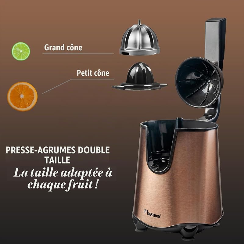 Presse-agrumes électrique, avec fonction d'arrêt de sortie et passoire à pulpe en acier inoxydable, avec 2 cônes de pressage, capacité de 450 ml, levier Soft-Press pour une utilisation facile