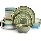 Sweese Plates and Bowls Sets, 18 Piece Dinnerware Set Porcelain Round Dinner Set for 6, Scratch Resistant Dishes Set, Dishwasher and Oven Microwave Safe Handpainted Swirl Dishware Sets, Assorted Green
