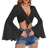 V Neck Bell Sleeve Tops for Women Tie Front Long Sleeve Blouse Sheer Mesh Crop Rave Top