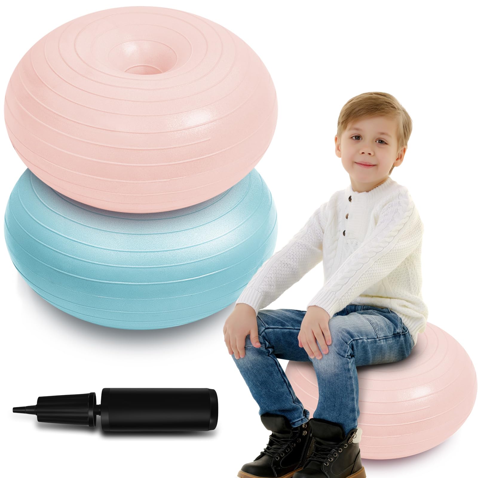Photo 1 of Lewtemi 2 Pcs Flexible Seating for Classroom 20 Inch Inflatable Yoga Ball Chair Large Donut Exercise Ball Chair Cushion Seat with Inflator for Kid Student Sensory Balance Home Office (Pink,Bule)
