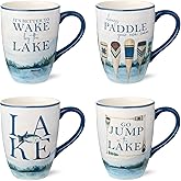 Wake at the Lake 14-Ounce JUMBO Mugs, Set of 4, Lakeside-Inspired Designs with Oars & Water Scenes, Durable Ceramic, Dishwasher & Microwave Safe, Cozy Coffee & Tea Cups for Everyday Use