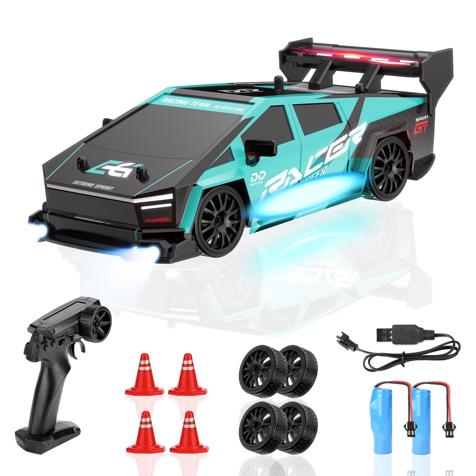 BIAOQINBO Ferngesteuertes Auto Drift, 1:24 RC Drift Car 1000 mAh, 20KM/H, 4WD, 2,4 GHz Ferngesteuert Rennauto, mit LED-Leuchten Rennspielzeug Geburtstagsgeschenke für ab 8 Jahren Kinder (Türkis)