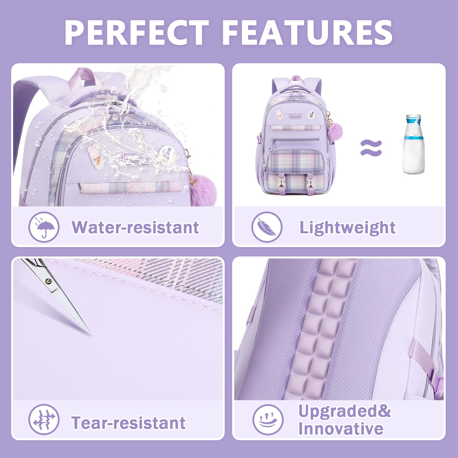 Girls Backpack for School, Kawaii Bookbag for Teen Multiple Pockets Kids Backpack for Primary Elementary Middle School, Age 6-14,Purple