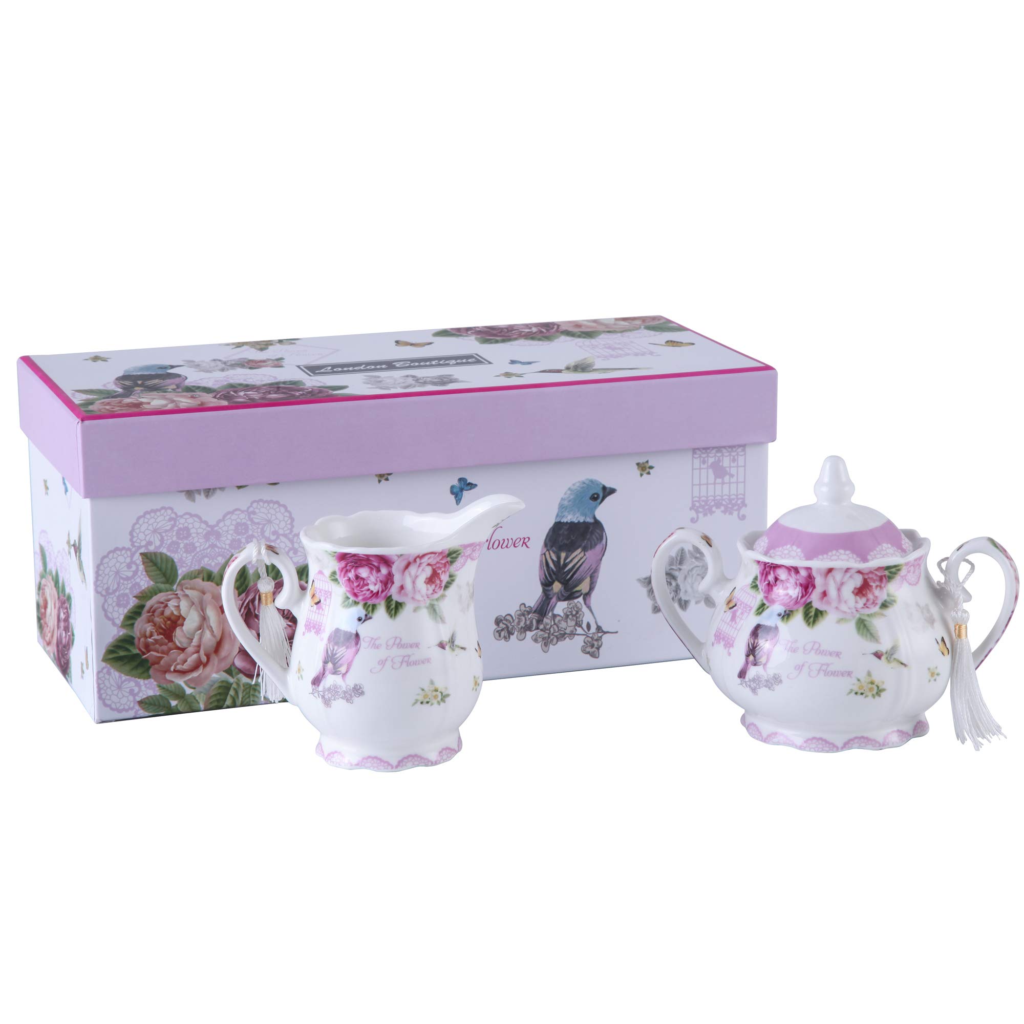 London Boutique Porcelain Teapot Sets Teapot Sugar Bowl and Cream Milk Jug Shabby Chic Vintage Floral in Gift box (Cream & Sugar Set Bird Rose Butterfly)