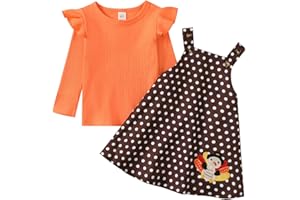 Noubeau Toddler Baby Girl Thanksgiving Outfits Ruffle Sleeve Ribbed Top+Turkey Dot Overalls Suspender Dress Winter Clothes