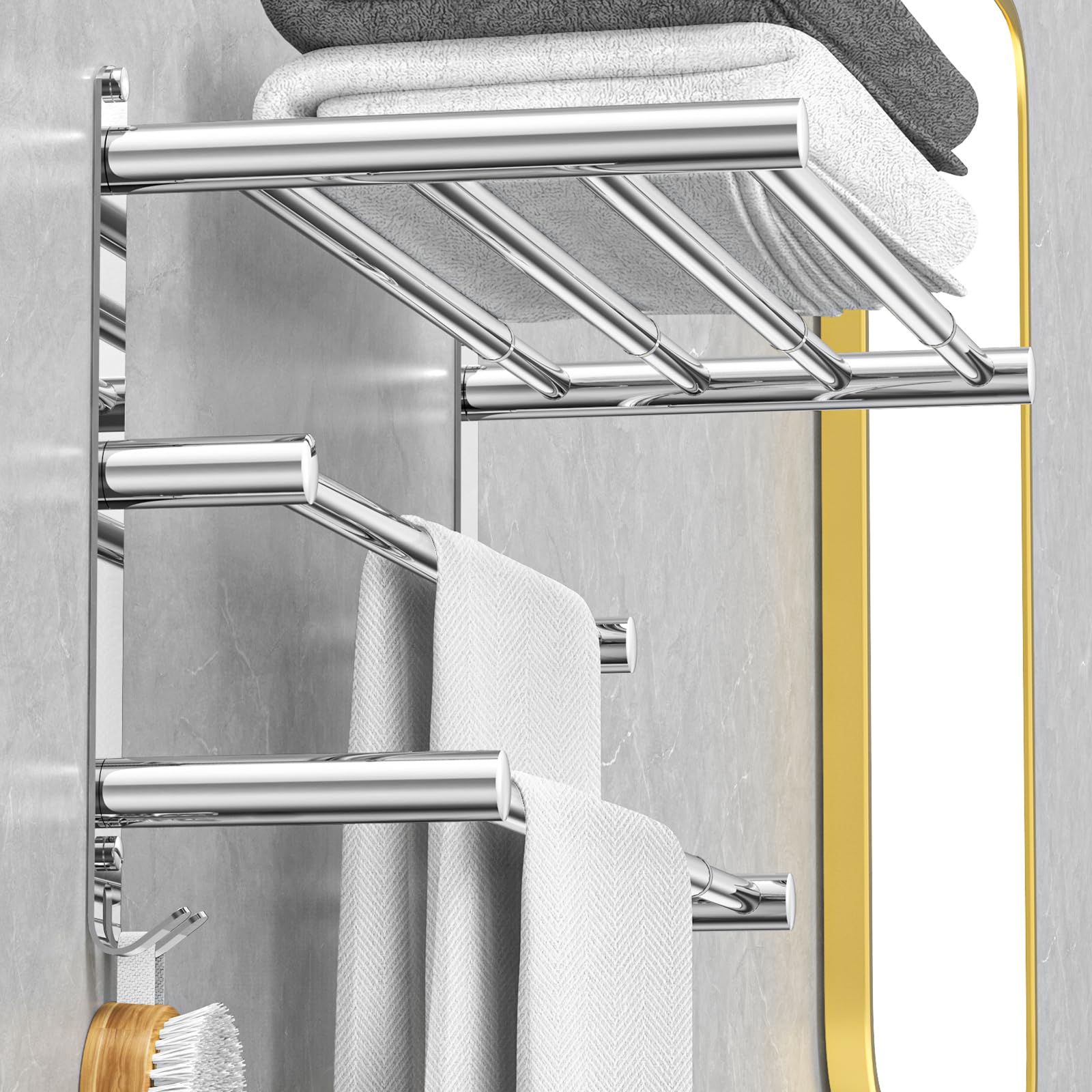 Photo 1 of CAXIMSY Adjustable Towel Bar for Bathroom Wall Mount17-30.7inch Adhesive Shower Towel Rack Stainless Steel Bath Towel Holders for Toilet Kitchen Double Towel Hanger (3-Layer Towel Rack)