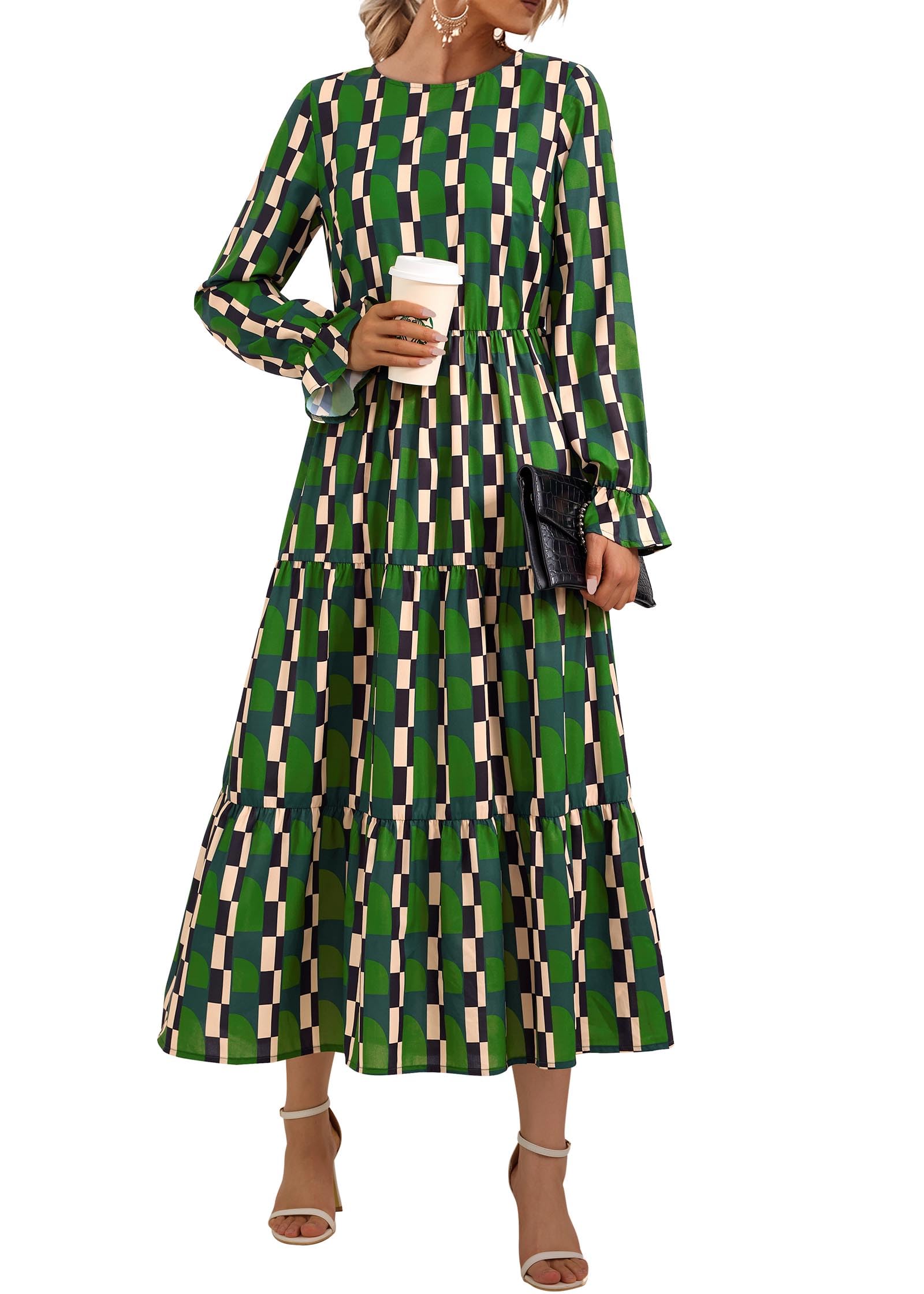 Photo 1 of (LARGE) (USED/FAIR) KIRUNDO Womens Spring Dresses Long Sleeve Midi Dress Boho Floral Print Crewneck Casual Wedding Guest Dress with Pockets(Green, Large)