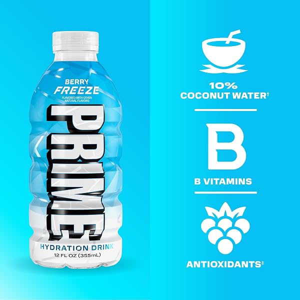PRIME HYDRATION VARIETY, BERRY FREEZE, CHERRY FREEZE, & ICE POP SPORTS DRINKS, ELECTROLYTE ENHANCED TO REPLENISH FLUIDS, ZERO ADDED SUGAR, B VITAMINS, ANTIOXIDANTS, NATURAL FLAVORS, 12 FL OZ, 15 PACK
