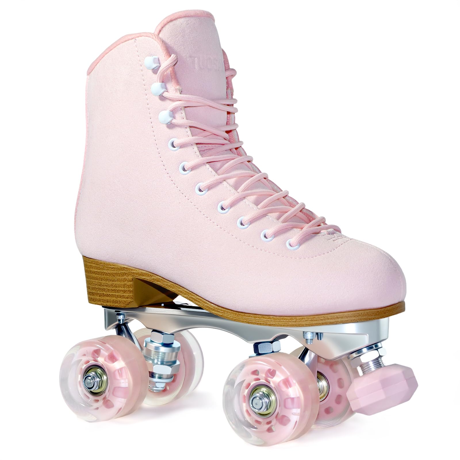 Photo 1 of Roller Skates for Women or Men with Height Adjustable Rubber Stoppers Retro Suede Quad Roller Skates for Outdoor and Indoor (Pink, 7)