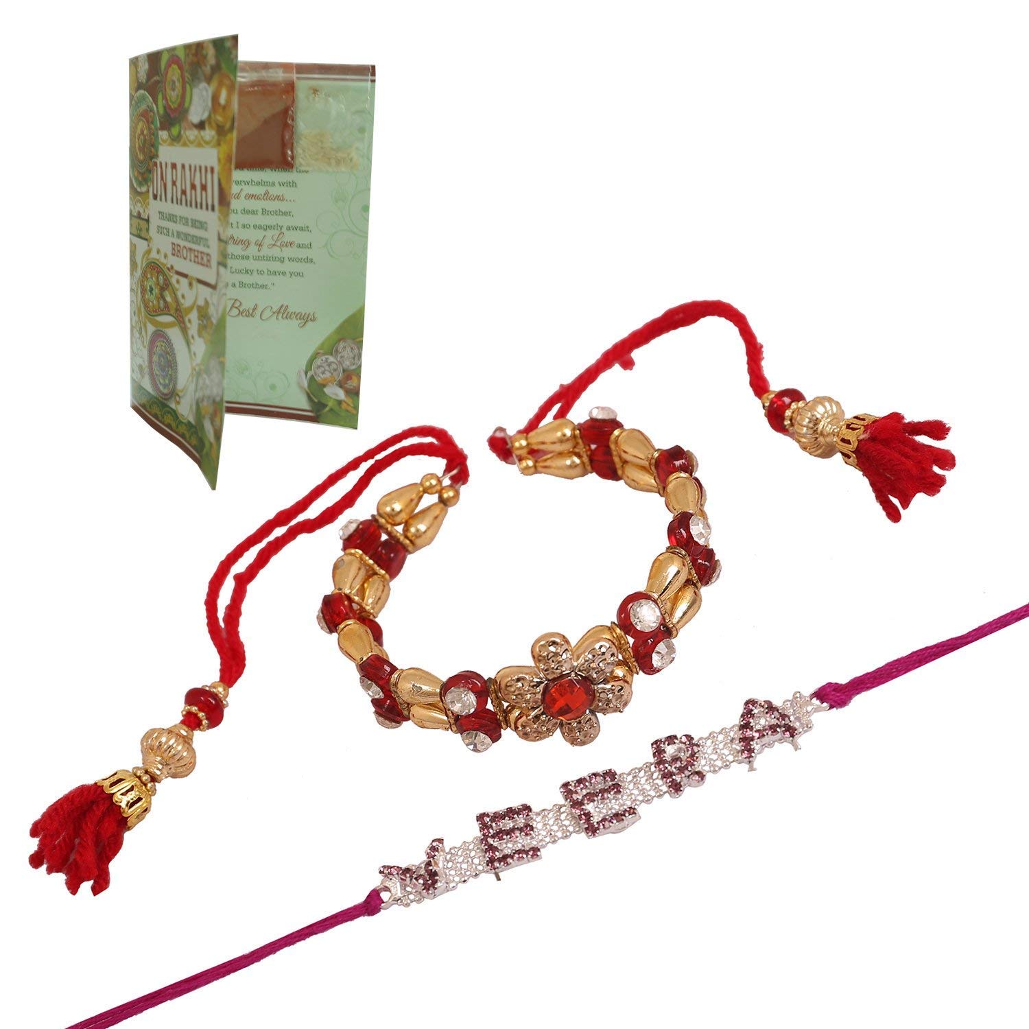 jaipuri haat superior quality pooja thali along with 2 bhai and 2 bhabhi (lumba) rakhi, full size greeting card and chandan roli