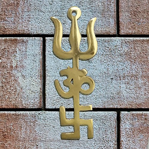 image for Divya Mantra Indian Traditional Trishul Om Swastika Pure Brass Yantra 